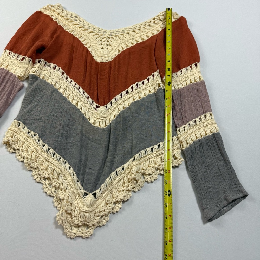 Boho Crochet Lace Tunic Top Women's Medium Rust Grey Colorblock Chevron Lace - Picture 7 of 8